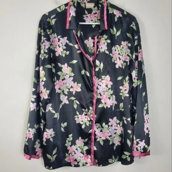 Black Floral Satin PJ Set Pajama Set Womens Size L Button Up Elastic Waist Pant - Picture 2 of 5